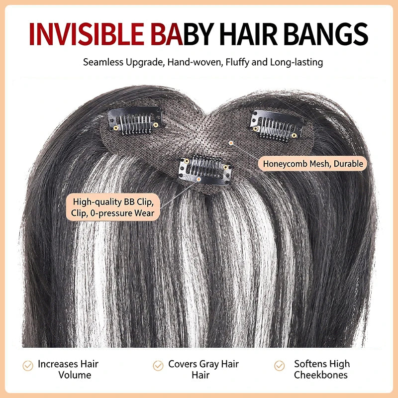Synthetic Fiber Hair Topper with Middle Part & Baby Bangs - Clip-On Wig for Gray Coverage & Cheekbone Effect