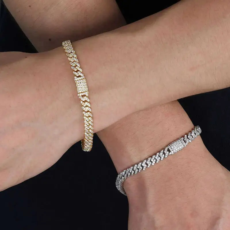 Moissanite Iced Out Cuban Link Chain Bracelet for Women - Silver Plated Hip Hop Jewelry