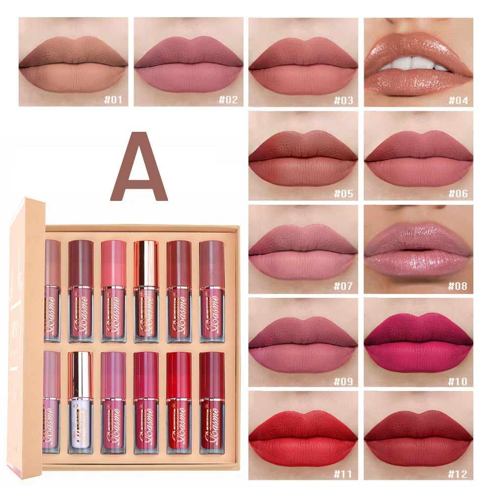 12-Color Lip Gloss Lipstick Set Liquid Matte Velvet Long-Lasting Waterproof Makeup