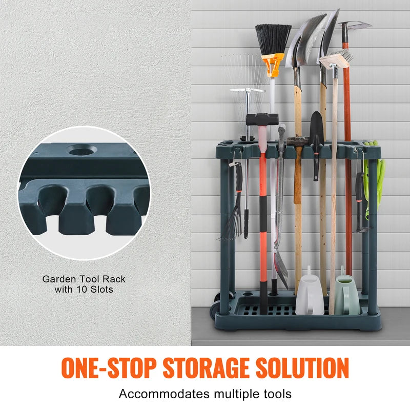 Garden Tool Organizer Rack with 10 Slots for Garage and Shed Storage