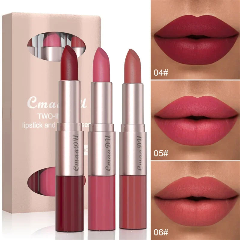Double-Ended Lipstick & Lip Liner Pen Matte Pigment Waterproof 24H Lasting Makeup