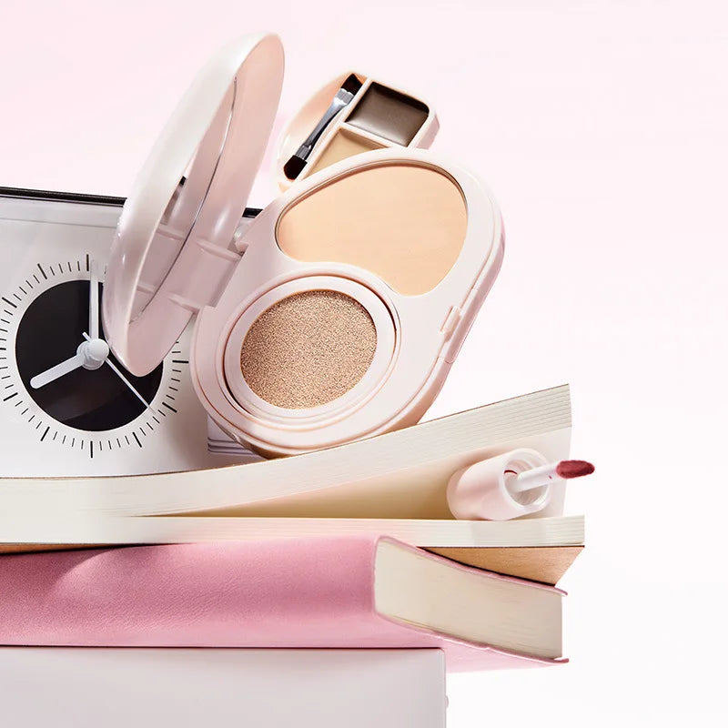 Multifunctional Facial Powder Compact with Lipstick and Eyebrow Cosmetics