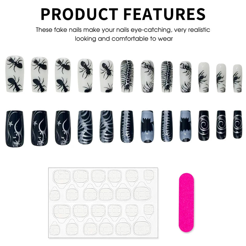 24-Piece Halloween Thriller Style False Nails with Ant Bugs Pattern - Press-On Nail Art Kit