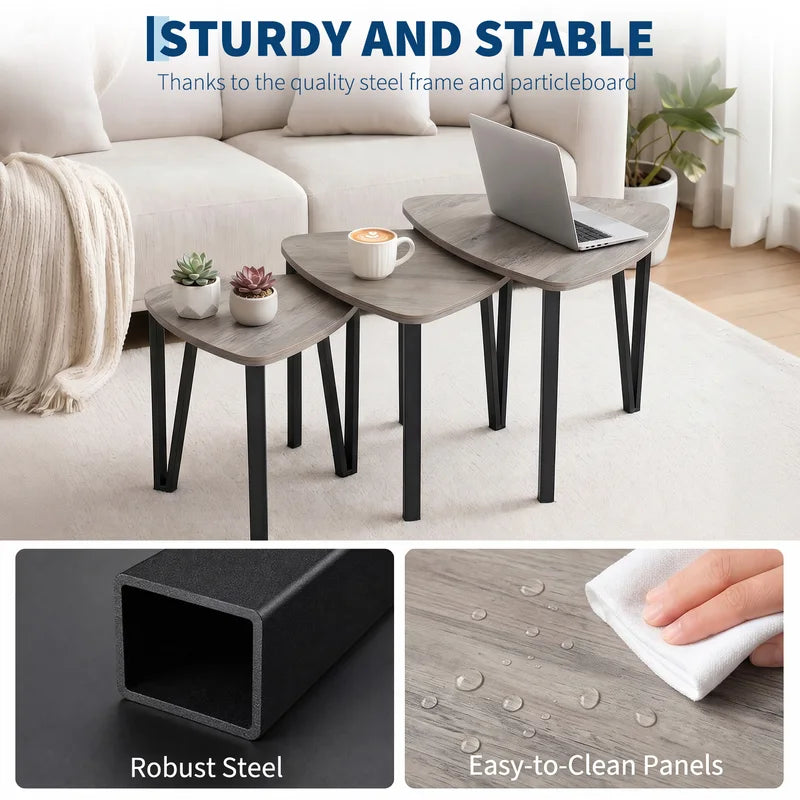 Set of 3 Triangle Nesting Coffee & Side Tables - Industrial Multi-Size Accent Tables