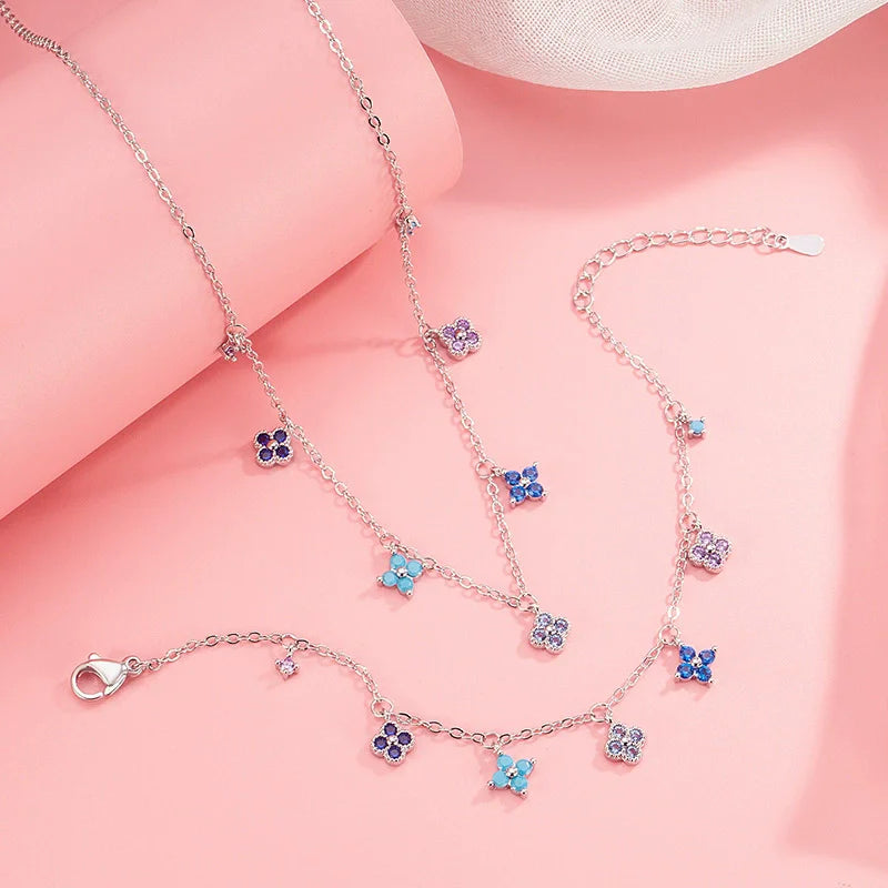 Multicolored Four-Leaf Clover Silver Bracelet and Anklet for Women Jewelry Gift