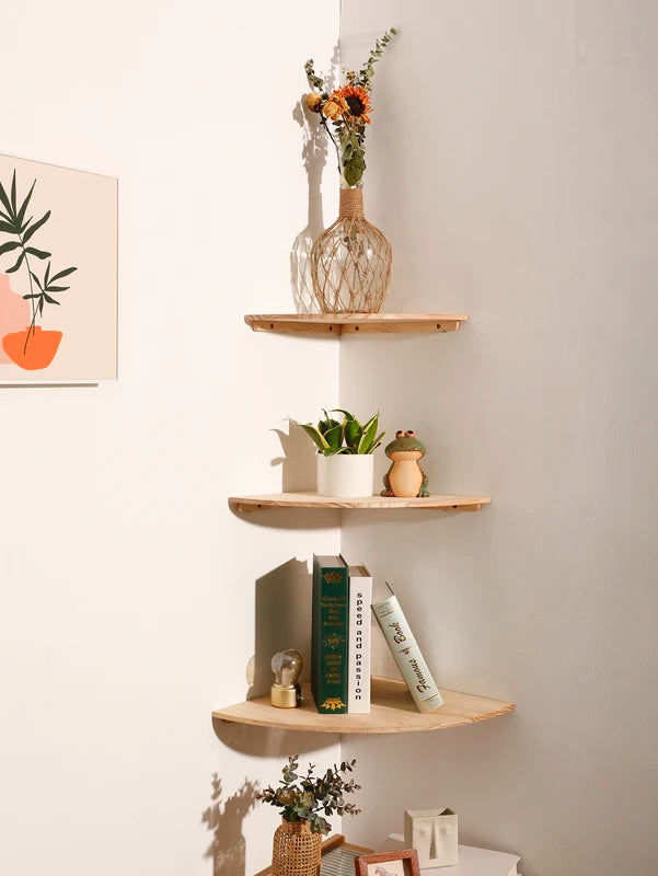 Floating Corner Wall Shelf with Scalloped Edges - Wooden Ledge for Living Room Bedroom Kitchen