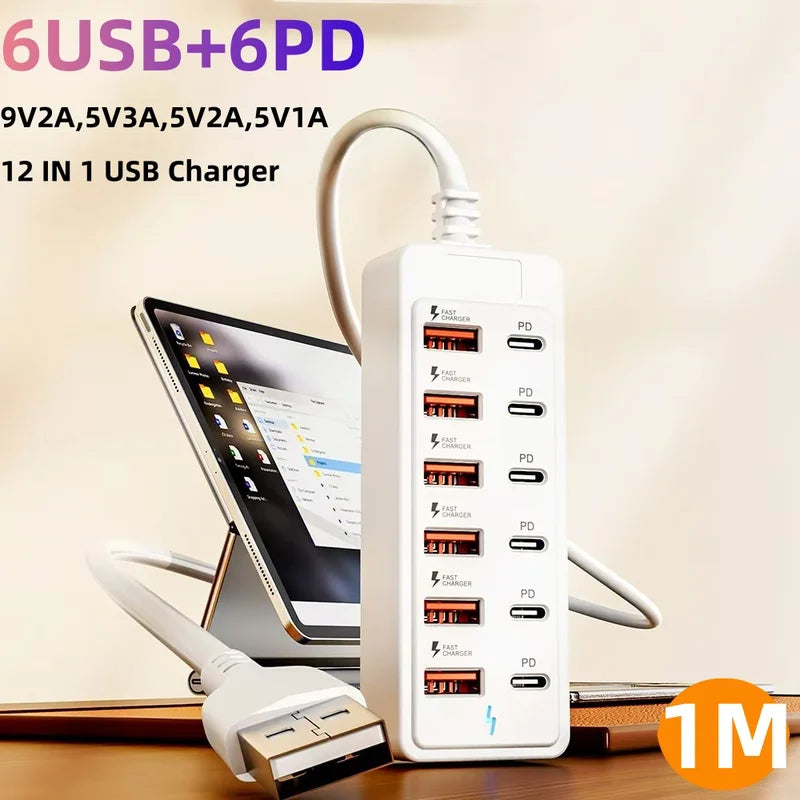 12-in-1 Power Strip with USB Charging Station Wall Mountable Fast Charger