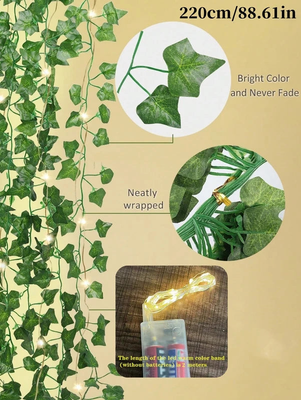 Artificial Green Leaf Vine with Lights - Outdoor Wall & Garden Decor, Fairy Vine for Weddings & Parties