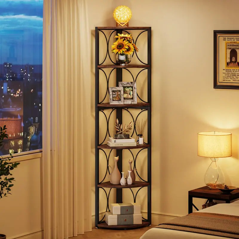 67 Inch Corner Shelf Unit with 6 Shelves - Rustic Standing Bookcase Storage Rack