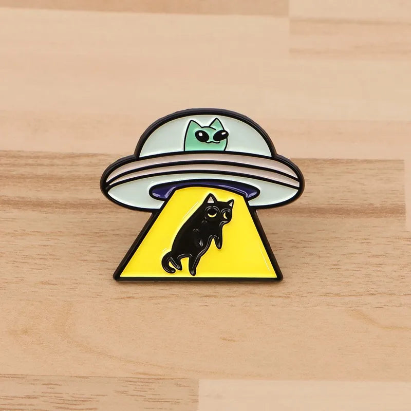 UFO Alien Enamel Pin for Backpack & Clothing Accessories - Black Cat Badge