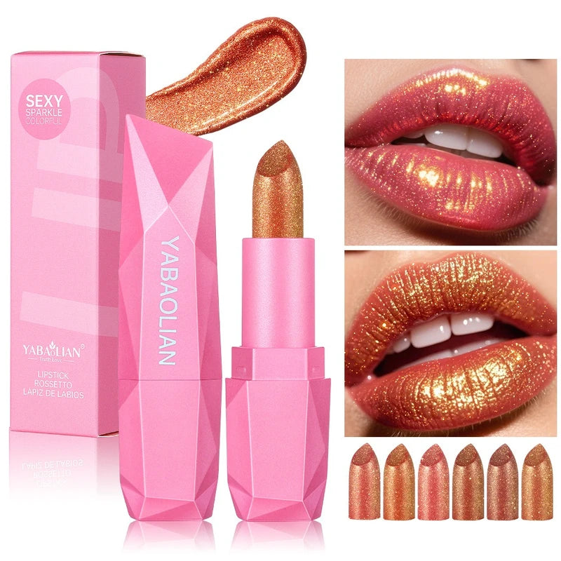 Long-Lasting Waterproof Lipstick with Glitter Finish - 6 Colors