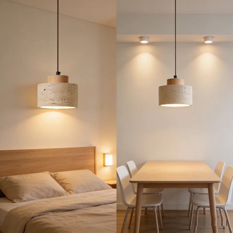 Japanese Style Stone Pendant Light with Travertine Suspension Ceiling LED Hanging Lamp