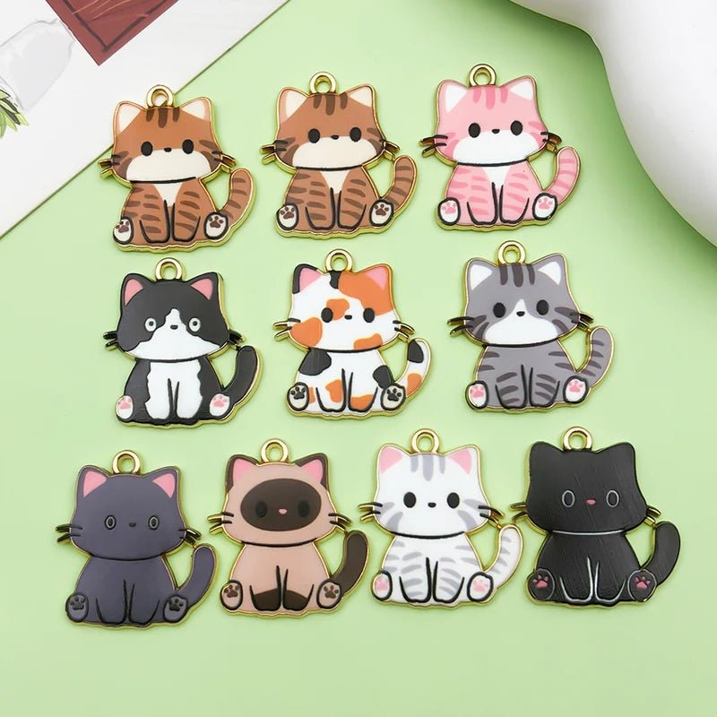 10pcs Enamel Cat Charm Set for Jewelry Making - Cartoon Animal Pendants