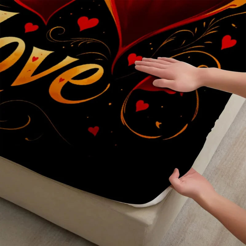 Romantic Red Roses & Love Text Print Fitted Sheet Deep Pocket Mattress Cover