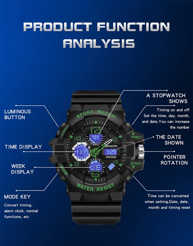 Digital Military Sports Watch for Men Waterproof Shock-Resistant Electronic Wristwatch