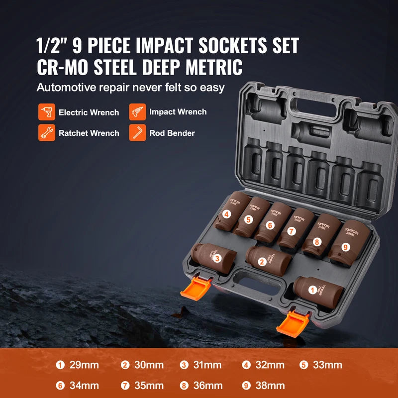 Impact Socket Set 1/2 Inch Drive Deep Metric 29-38mm 6 Point Cr-Mo Steel