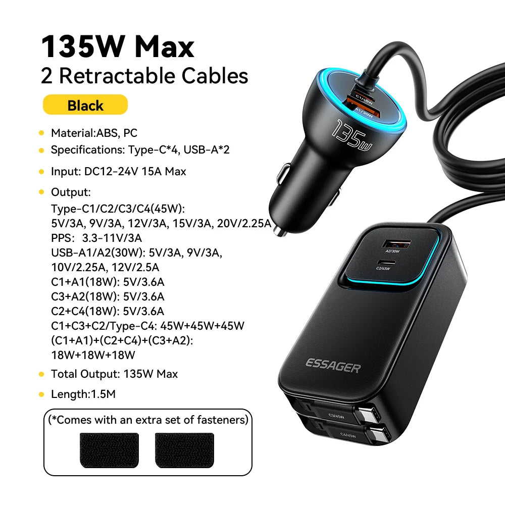 Dual Retractable Car Charger Cable 135W Fast Charging for iPhone, Samsung, Huawei, Laptop