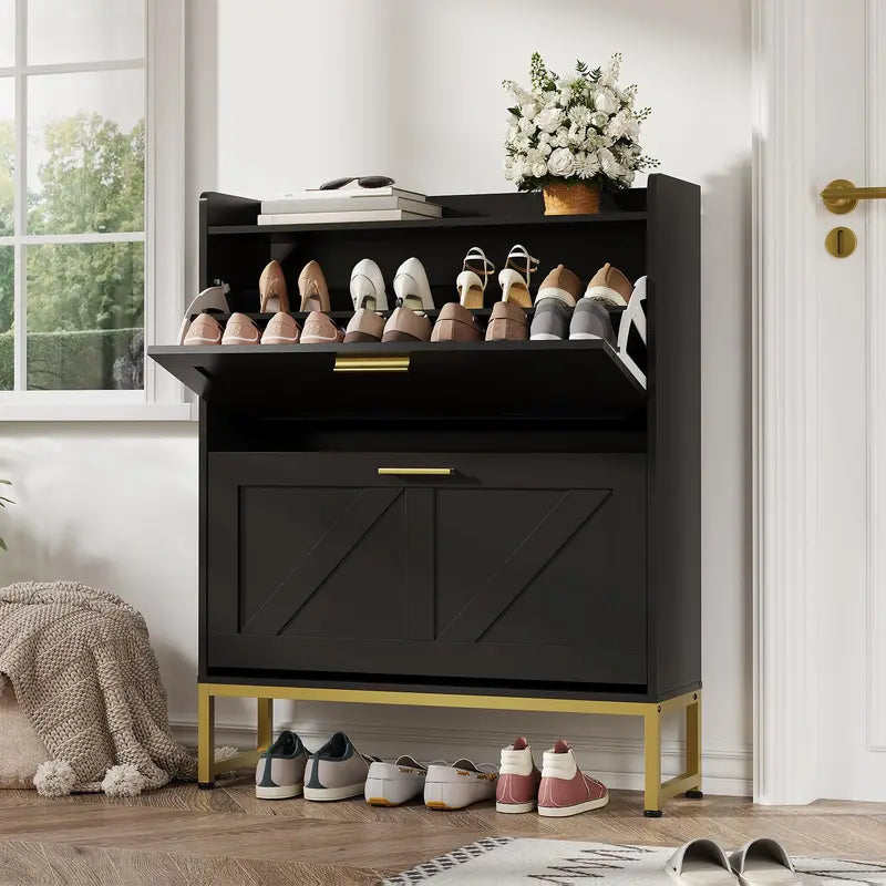 Narrow Shoe Cabinet with Flip Drawers, Adjustable Shelves, Dustproof Back - Freestanding Entryway Storage
