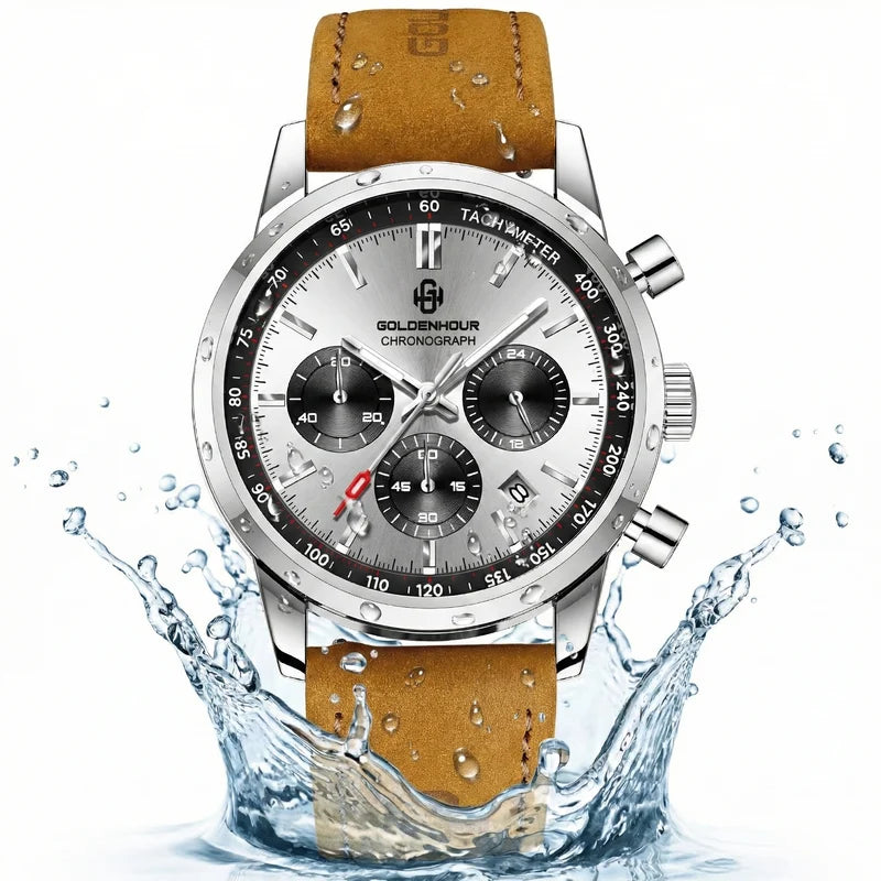 Luxury Men's Sport Watch with Sky Blue Dial Waterproof Chronograph Leather Strap