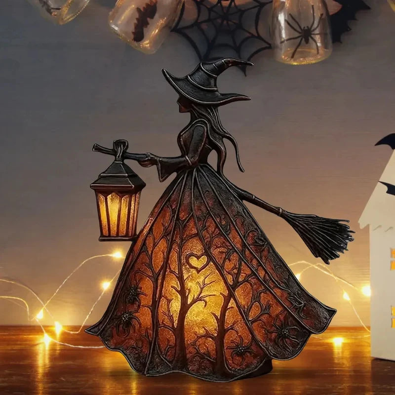 Halloween Witch Lantern LED Night Light Gothic Home Decor with Broom