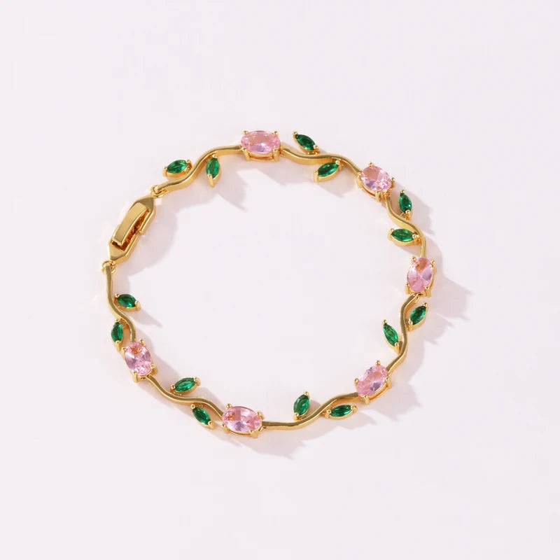 Pink Tulip Cubic Zirconia Wrist Chain with Vine Flower Design Jewelry for Women