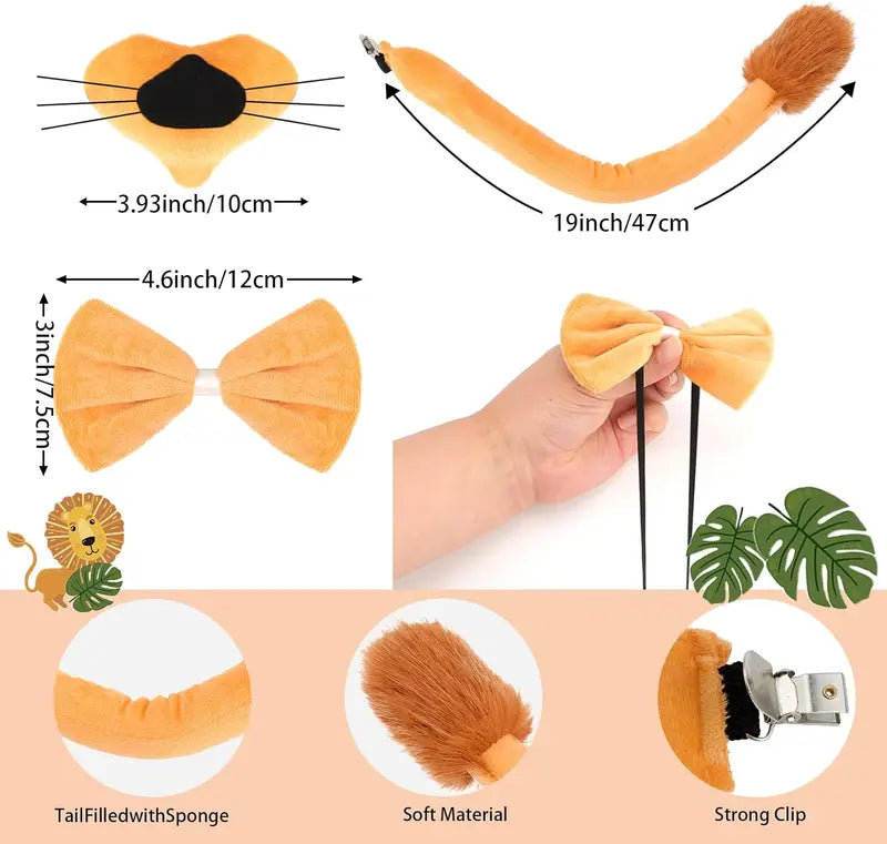 Halloween Animal Costume Accessories Lion Headband Ear Tail Bow Tie Tutu for Kids & Girls