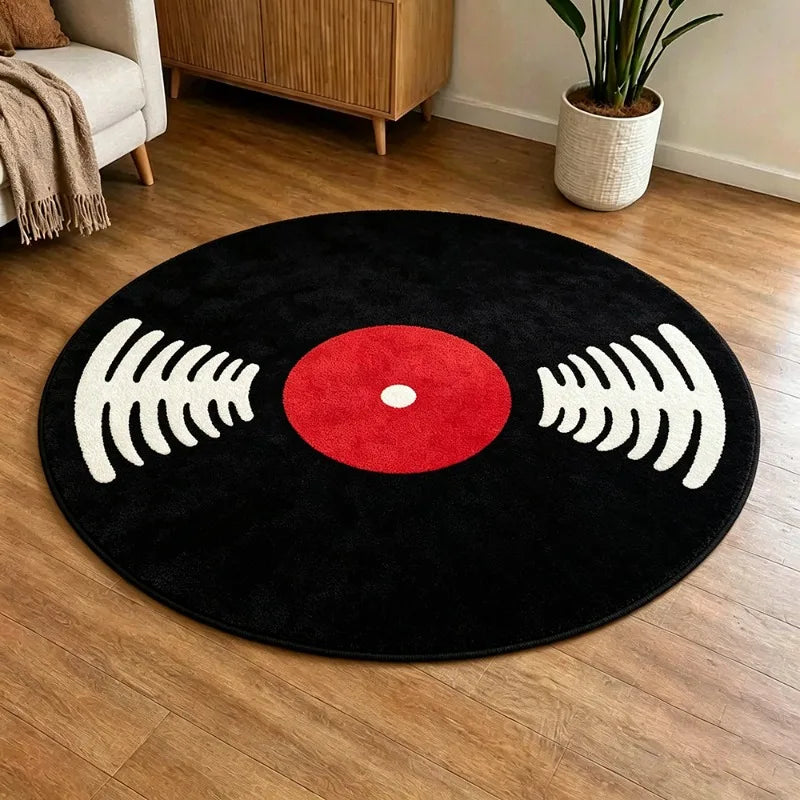 Music-Themed Vinyl Record Round Rug - Retro Bedroom Floor Mat, Washable Home Decor