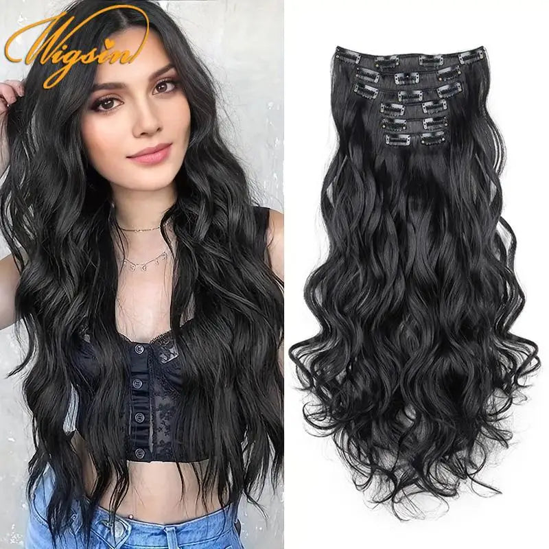 Long Curly Synthetic Hair Extensions 24 Inch Clip-In Hairpiece for Women