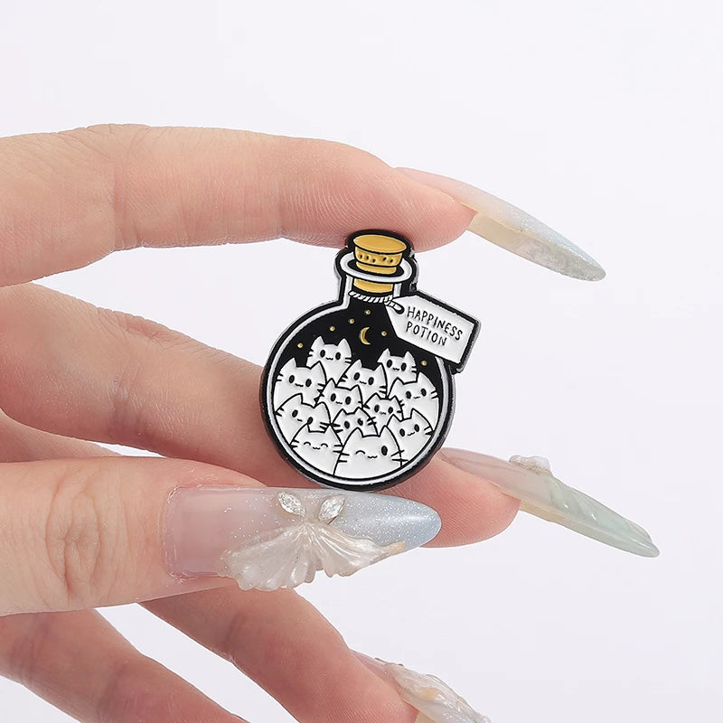 Cartoon Cat Happiness Potion Enamel Lapel Pin for Cat Enthusiasts Gift Jewelry