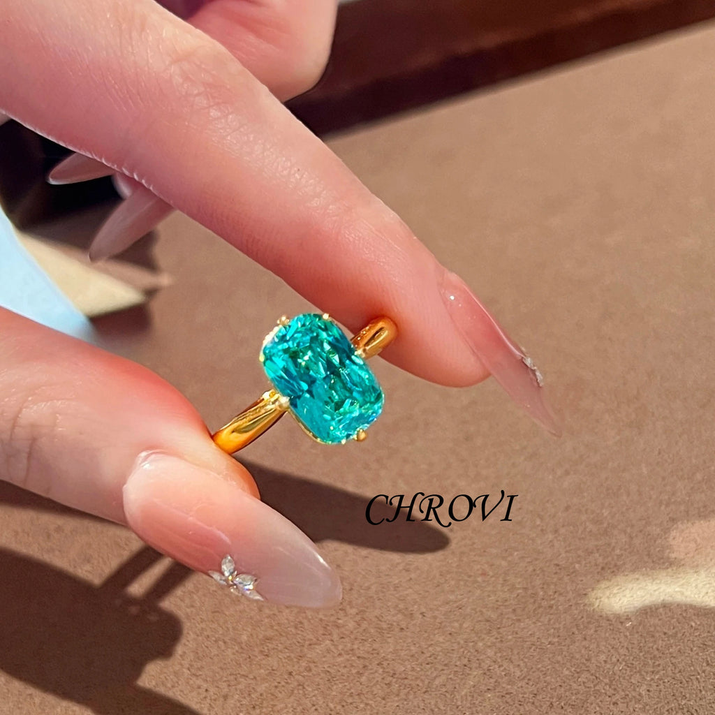 Sterling Silver Square Paraiba & Ocean Blue Diamond Ring for Women