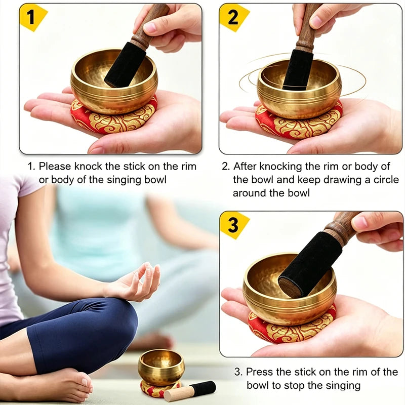 Handcrafted Brass Singing Bowl Set for Meditation Yoga Stress Relief Home Decor