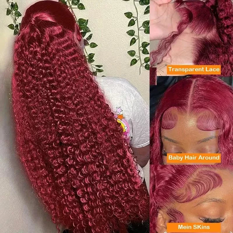 Deep Curly Human Hair Wigs Burgundy 13x4 HD Transparent Lace Front Pre Plucked with Baby Hair - 16-34 Inch