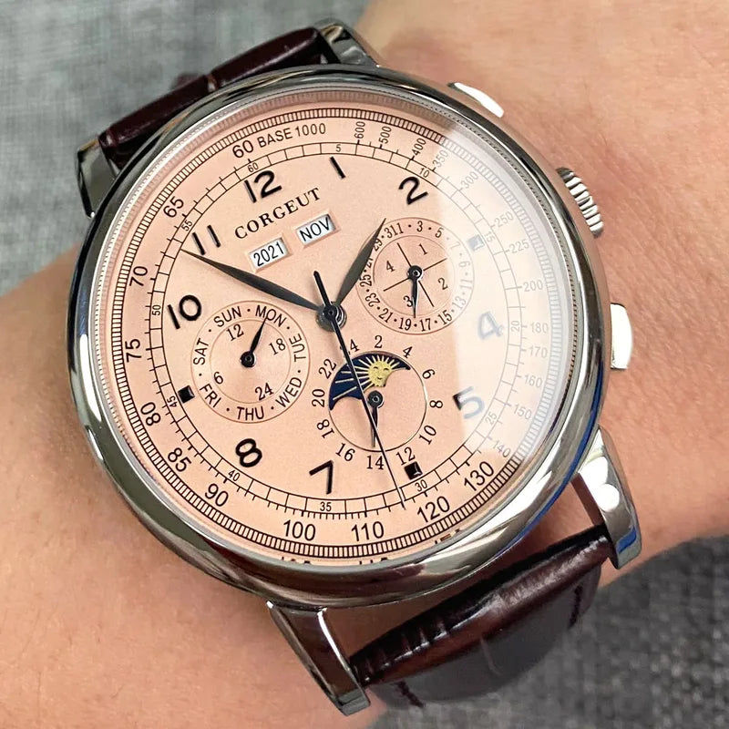 Automatic Men's Watch 42mm Multifunction with Leather Strap & Date Day Month