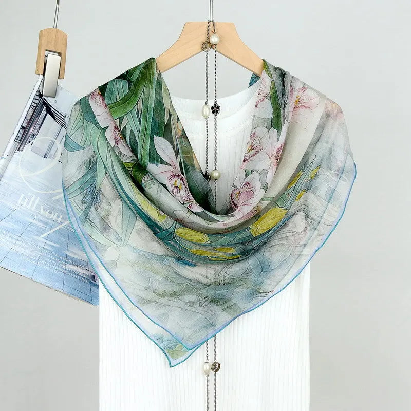 Lightweight Floral Silk Chiffon Scarf for Women - Summer Sun Protection Wrap