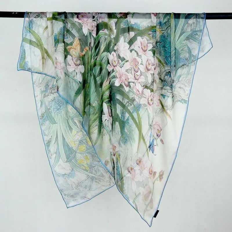Lightweight Floral Silk Chiffon Scarf for Women - Summer Sun Protection Wrap