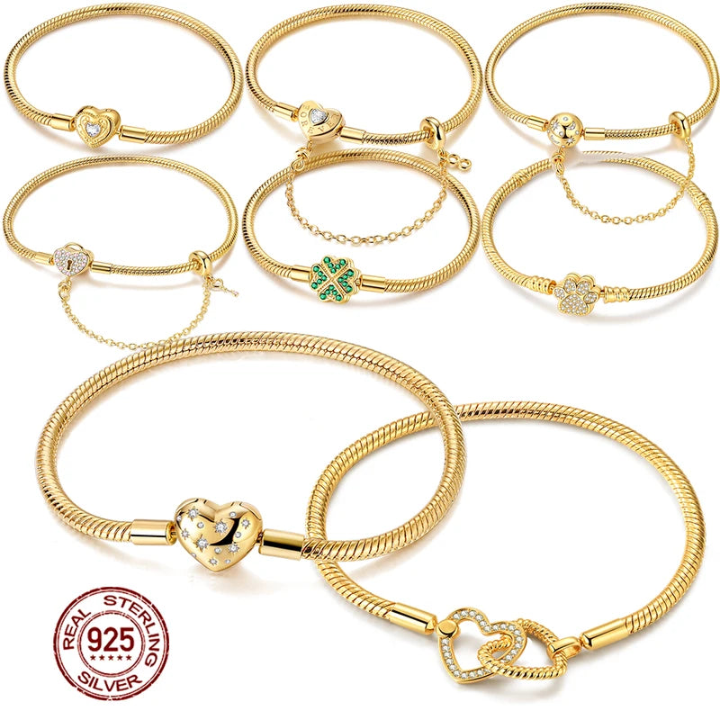 Sterling Silver Charm Bracelet for Women 17-20cm Heart Key Clover Jewelry Gift