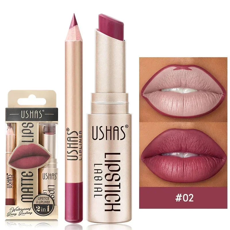 2 in 1 Lipstick and Lip Liner Set Waterproof Long Lasting Matte Makeup for Women
