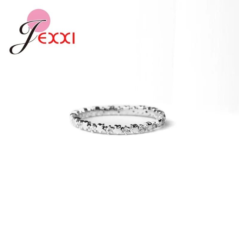 Delicate Solid 925 Silver Finger Ring with CZ Stars for Women - Wedding Gift