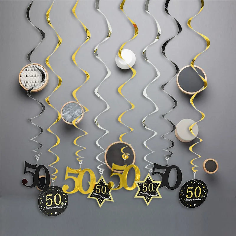 8pcs Ceiling Hanging Decor Spiral Garland Party Decorations - Black & Gold