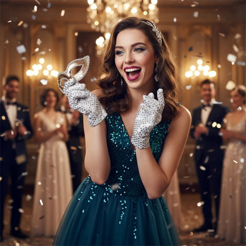 Silver Glitter Mesh Dance Gloves - Sparkly Stage Performance Accessories