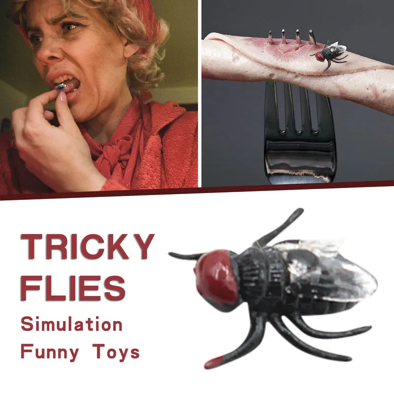 Fake Plastic Flies Insect Prank Toys Set - Halloween Joke Trick Props