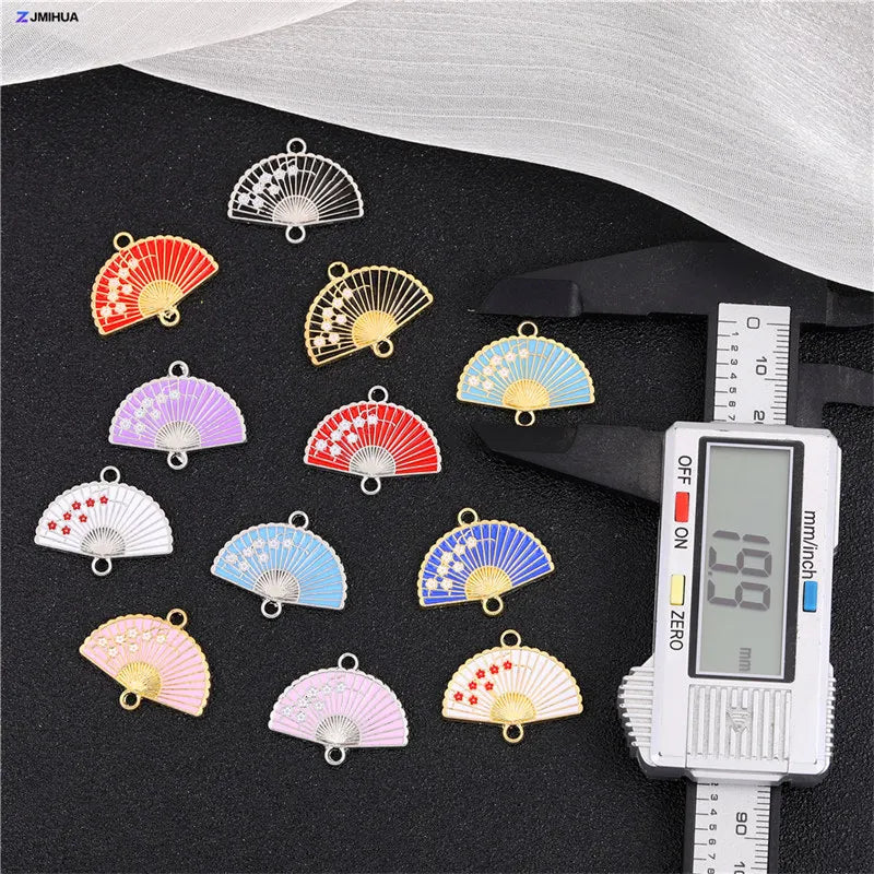 15pcs Enamel Fan Charms Connectors Sakura Pattern Jewelry Making Pendants
