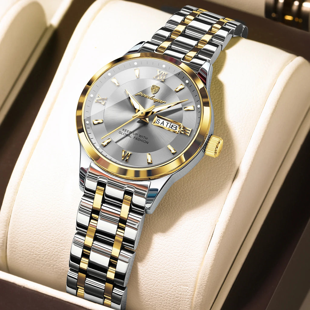 Women’s Quartz Waterproof Stainless Steel Watch with Luminous Dial and Date Function