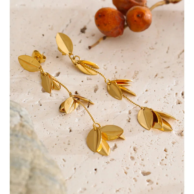 Long Leaf Drop Dangle Earrings - Stylish Handmade Metal Jewelry