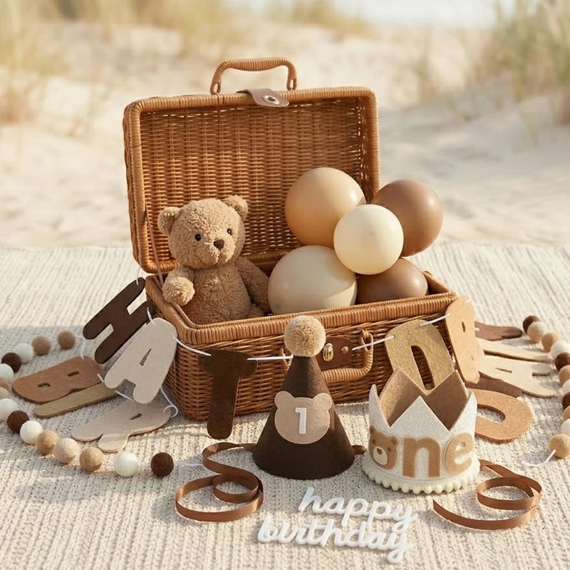 Boho Felt Teddy Bear Party Decor Set with Birthday Banner and Foil Balloons