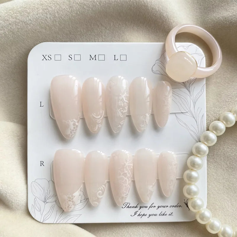 10PCS Handmade Lace Press-On Nails - Reusable Nude Pink French Manicure Almond False Nails