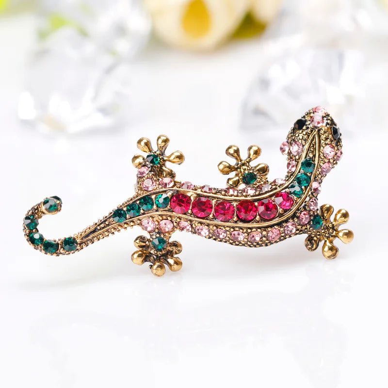 Crystal Stone Lizard Brooch with Bright Flowers and Gemstone Accents - Unisex Metal Pin