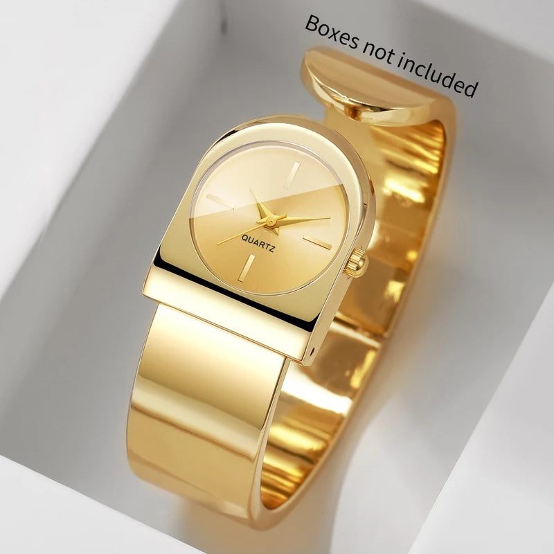 Women's Luxury Gold Cuff Watch with Unique Dial Quartz Movement - Multiple Colors