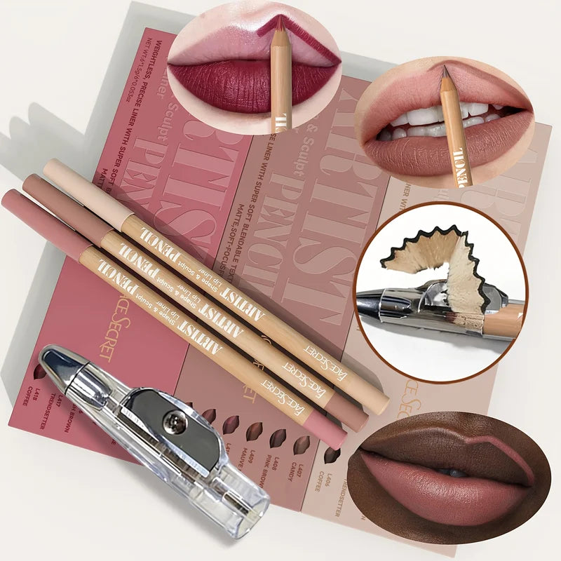 Lip Makeup Set with 6 Matte Lip Liners & Sharpener - Waterproof & Long-Lasting