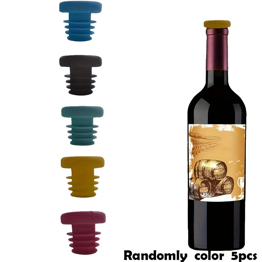 Silicone Wine Bottle Stopper Set - Reusable Threaded Seals in Multiple Colors (5 Pieces)